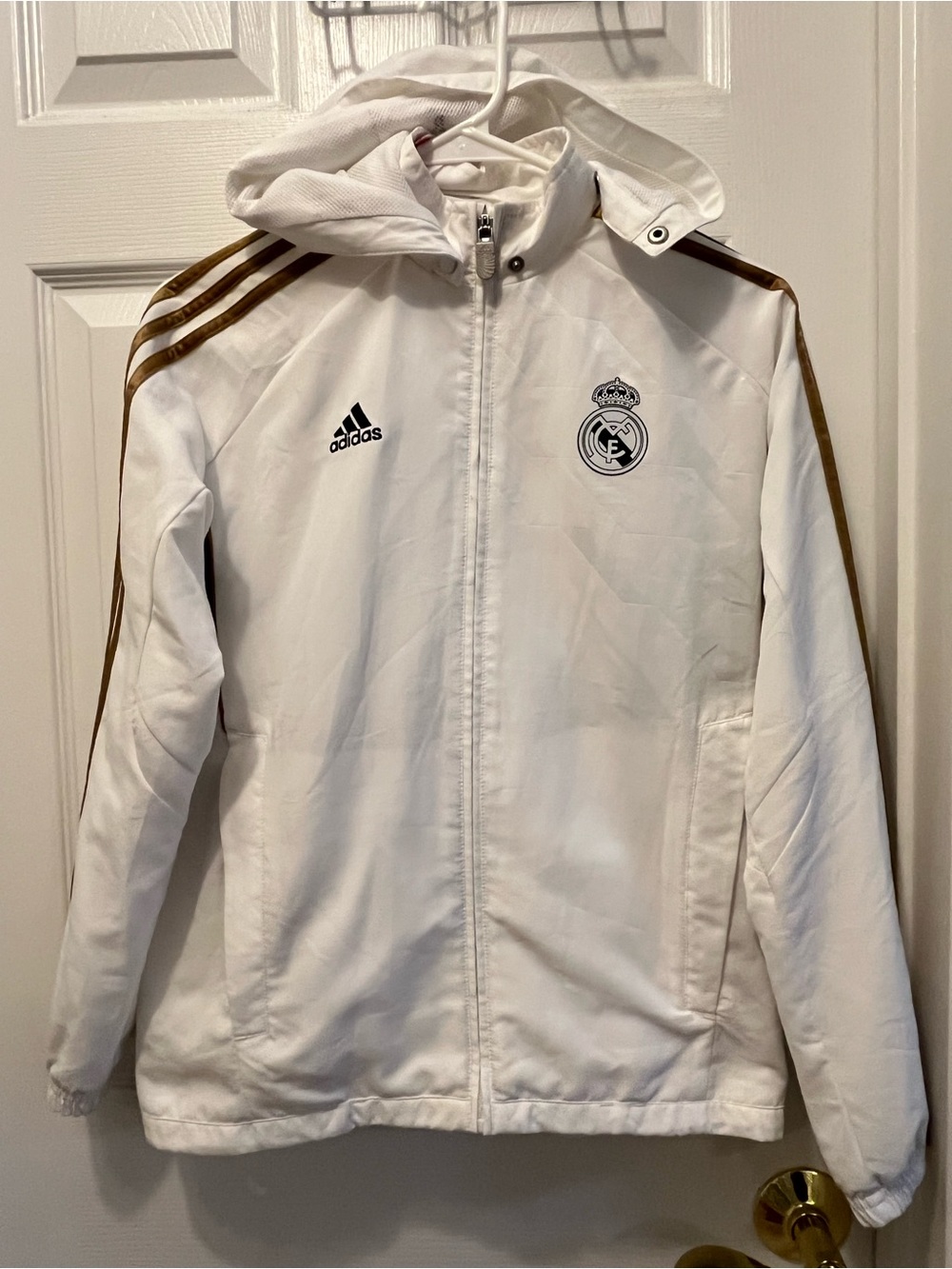 Adidas REAL MADRID Vintage White Hooded Windbreaker Jacket with Gold Stripes